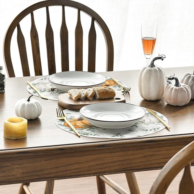 Artoid Mode Orange Pumpkins Fall Round Placemats Set of 4,14 Inch Eucalyptus Thanksgiving Seasonal Round Place Mats for Party Dining Decoration