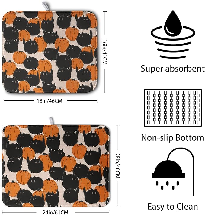 Happy Halloween Dish Drying Mat for Kitchen Counter 18x24 Inch Cute Pumpkin Black Cat Trick or Treat Drying Mats Large Microfiber Absorbent Dish Rack Pad for Coffee Bar Sinks Home Accessories