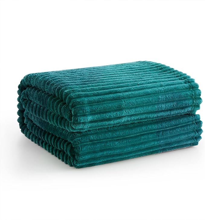 Vessia Flannel Fleece Dark Green Throw Blanket(50X70 Inch), 300GSM Warm Soft Comfy Forest Green Stripe Bed Blanket, Cozy Microfiber Ribbed Sofa Throw for All Season
