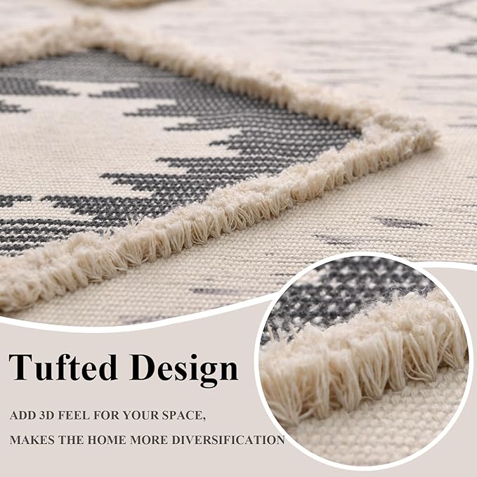 Boho Runner Rug 2'x5', Washable Hallway Rug Runner Non Slip Rubber Backed, Kitchen Farmhouse Area Rug Floor Mat with Tassels, Tufted Woven Cotton Entryway Carpet, Grey