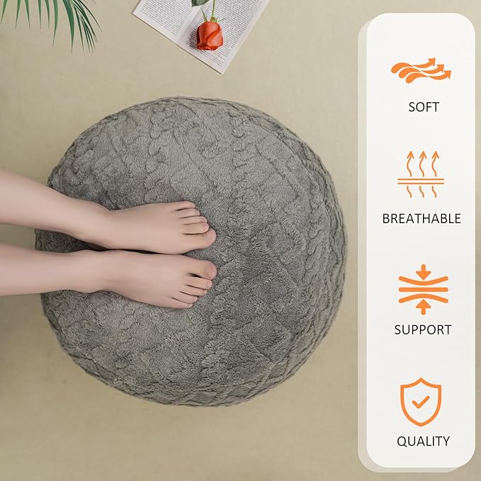 Round Stuffed Pouf Ottoman, Corduroy Poufs with Foam Chunk Filling, Furry and Fluffy Pouf Foot Stool Storage Grey 26"