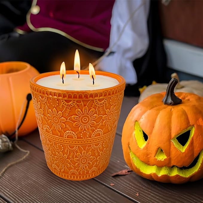 Delicate Orange Porcelain Aromatherapy Candle, Pumpkins Oils and Natural Soy Wax, Halloween Party Thanksgiving Decorations Fall Candles, Home Scented Candles Gift Set for Harvest Decor