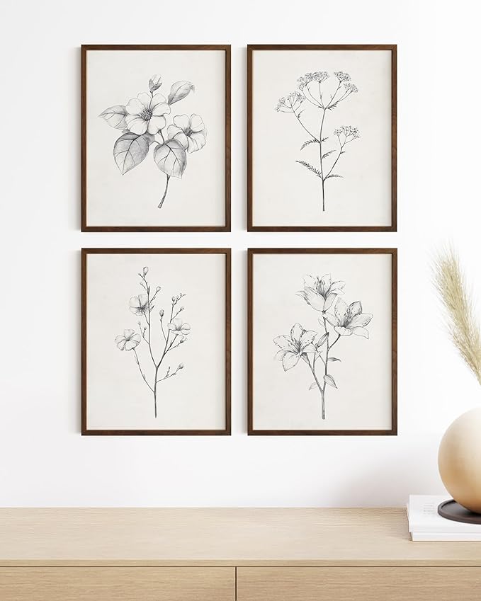 Haus and Hues Grey Floral Wall Art - Set of 4 Plant Posters for Wall Vintage, Botanical Prints, Black and White Flower Pictures for Room Aesthetic, Farmhouse Bathroom, Rustic Art (16x20, Framed