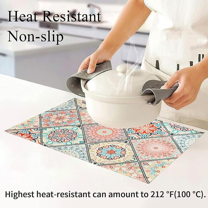 Table Placemats Set of 4 Boho Place Mats Linen Wipeable Placemats Heat Resistant Washable Placemats Fabric Waterproof Rectangle Table Mat for Kitchen Dining Dinner 18 X 12 Inch, Boho