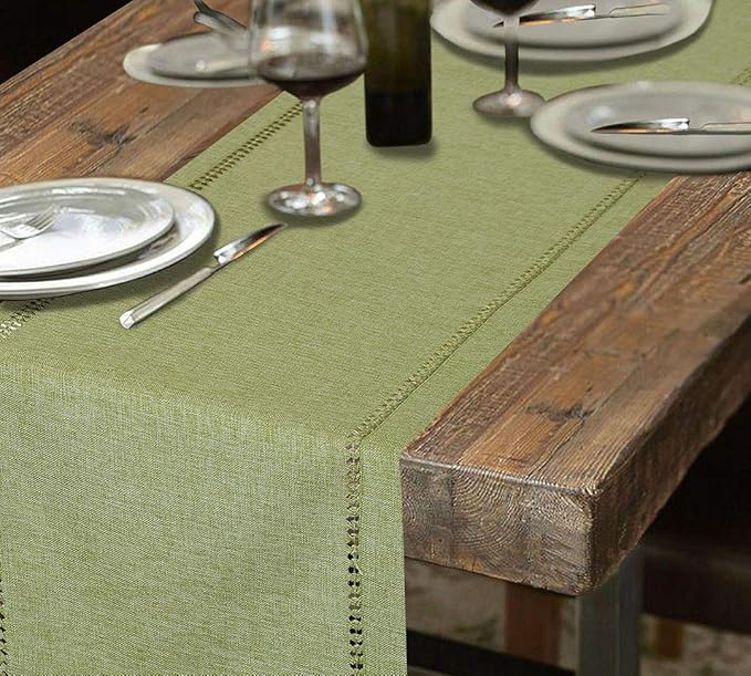 Grelucgo Handcrafted Solid Color Dining Table Runner, Dresser Scarf, Double-Hemstitched (Sage Green, 14 x 54)