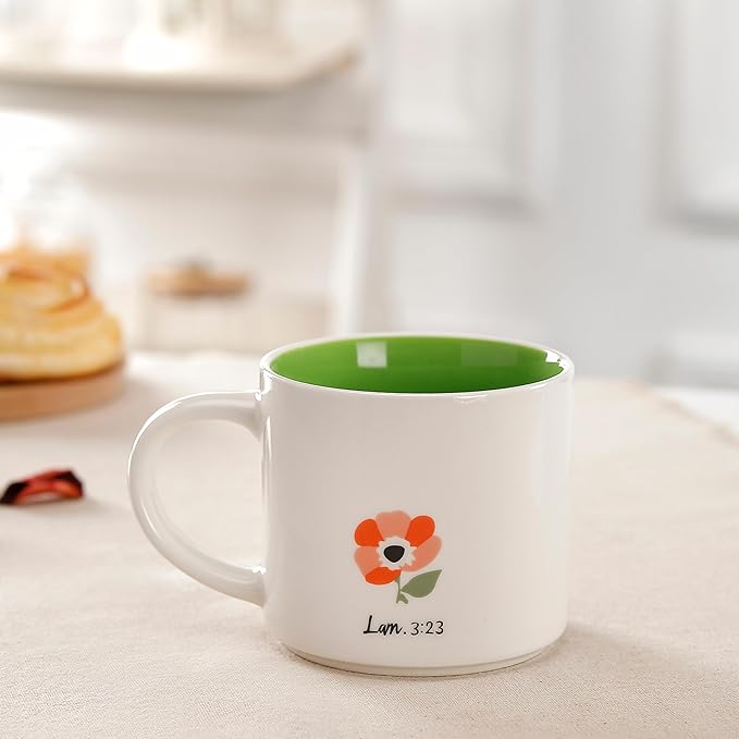 Blooming Floral Ceramic Mug 15 OZ (450ml) - His Mercies Begin Afresh Each Morning - Faith Inspired Coffee Cup with Botanical Design - Microwave & Dishwasher Safe