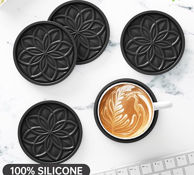 HFHOME Silicone Coasters Set for Drinks - 6 Pcs Cup Mat for Coffee Table, Desk, Bar - Home Decor Tabletop Protection Gift - Black