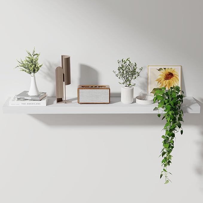 Axeman Floating Shelves, 8 Inch Deep Rustic Solid Wood Wall Shelves for Storage, Wall Mounted Display Shelving with Invisible Heavy-Duty Metal Bracket, 48" W x 8" D x 1.6" H, Distressed White
