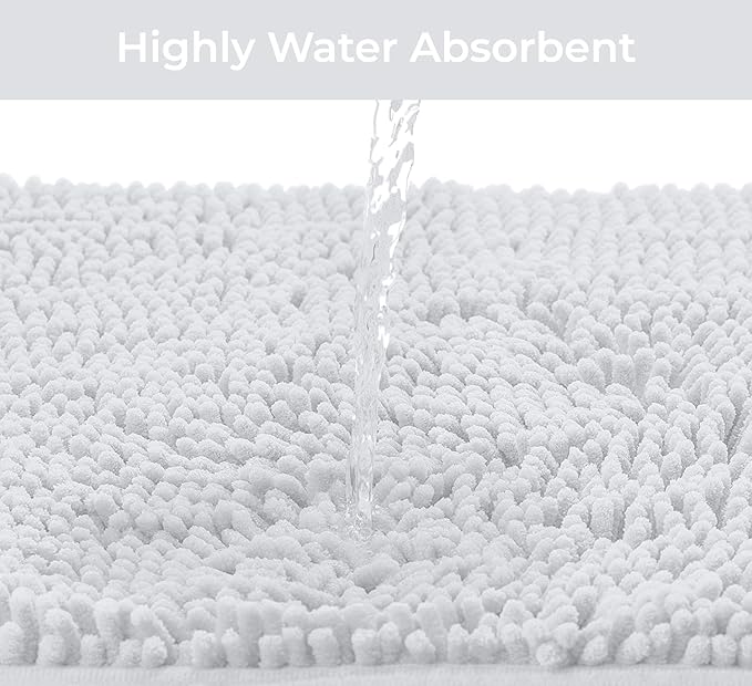 LuxUrux 2 Piece Bathroom Rug Set - Premium Plush Bath Mat Shower Rugs, 1" Chenille Microfiber, Non-Slip & Absorbent, Soft & Cozy, Durable Stylish (20x30 & 16x24 inches, White)