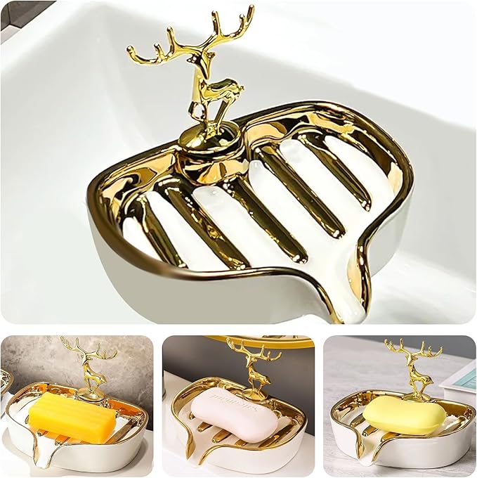 Soap Dish, Virvia Luxurious Ceramic Soap Dish Self Draining Soap Holder Tray Easy Cleaning Soap Saver for Shower Bathroom Kitchen Sink Bathtub Hotel Travel(White Painted in Gold)