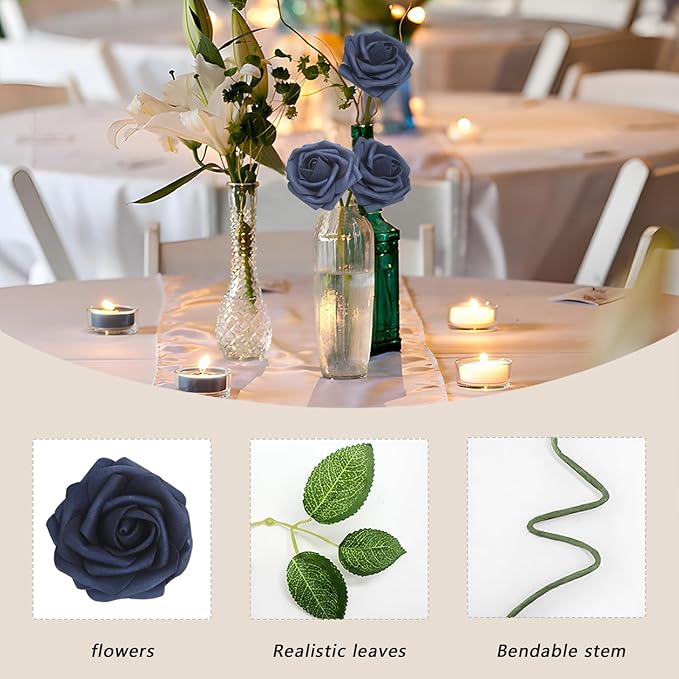 200PCS Navy Blue Artificial Flowers Roses Real Looking Foam Fake Roses with Leaves and for DIY Wedding Bouquets Bridal Shower Centerpieces Party Decorations (Navy Blue, 200)