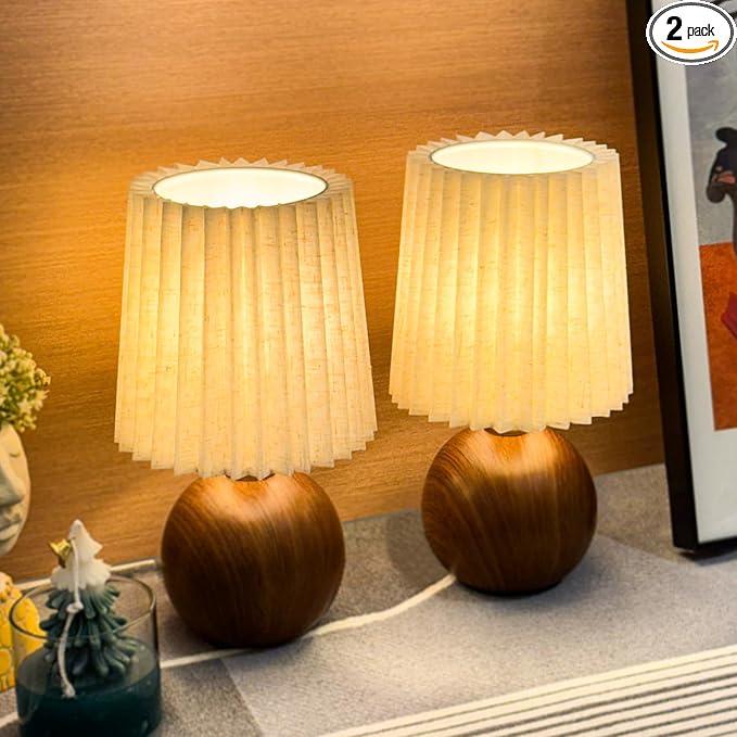 Small Pleated Table Lamp Set of 2 for Bedroom, Mini Bedside Lamps for Nightstand with Round Fabric Linen Shade, Dimmable Desk Lamp, Cute Table Lamps for Small Spaces for Living Room, Kids Room