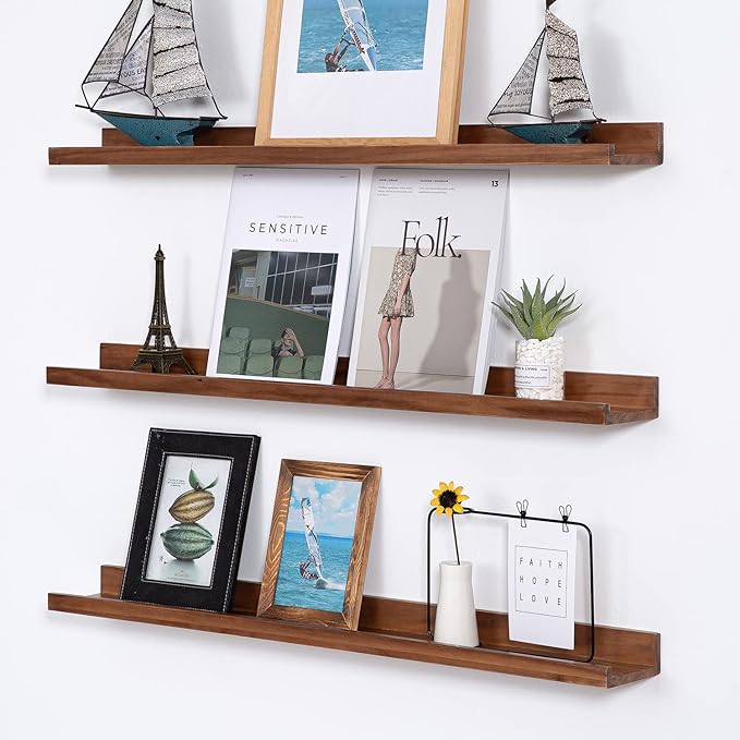 MBYD 48 Inch Wood Photo Picture Ledge Shelf, Light Walnut Wall Floating Nursery Book Shelves, Wall Mount Hanging Display Shelves for Bedroom Office Bathroom Living Room Décor, 3 Same Sizes