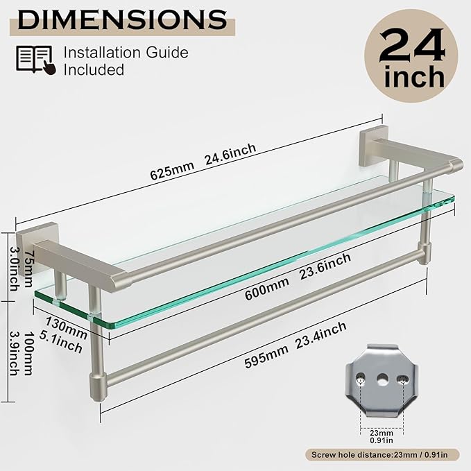 Bathroom Glass Shelf with Towel Bar/Rack 24 inches Wall-Mounted Shelves Tempered Glass Sink Toilet Organizer Shower Towel Decorative Storage (Brushed Nickel, 24IN)