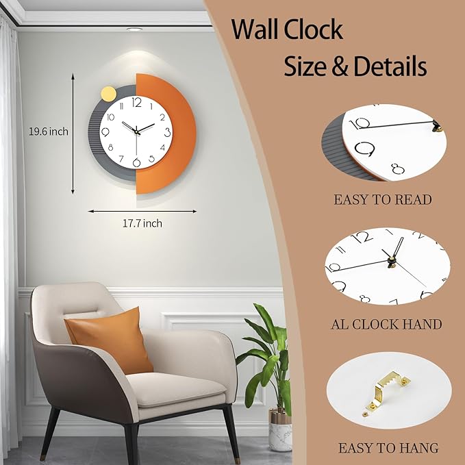 FLEBLE Decorative Wall Clocks Silent Quality Quartz Wall Clock Battery Operated Large Wall Clock for Living Room,Kitchen,Home,Bathroom,Bedroom Wall Decor,18x20 inches