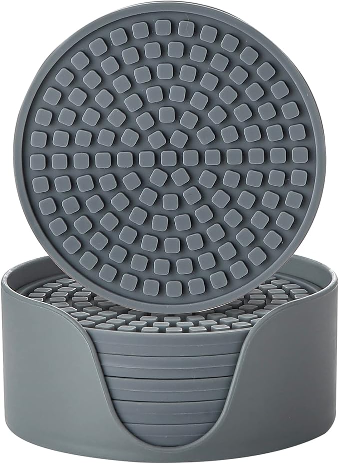 Colinda Silicone Drink Coasters with Holder, Set of 6, Outdoor Cup Mat for Hot or Cold Drinks, Thickened, Non-Slip,Non-Stick, Warm Grey