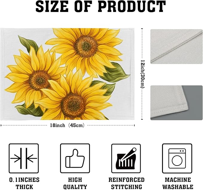 Sunflower Placemats Set of 4 Watercolor Sunflower Washable Non-Slip Heat Resistant 12×18 Inch Summer Florl Thick Place Mats Decorative Linen Fabric Table Mat for Dining Table