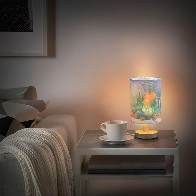 Table Lamp Watercolor Mermaid Girl Seahorse Fish Coral Ocean Sandy Sunshine Nightstand Lamp with Wood Base Fabric Lamp Shade Bedside Desk Lamp for Living Room Bedroom Kids Room Office