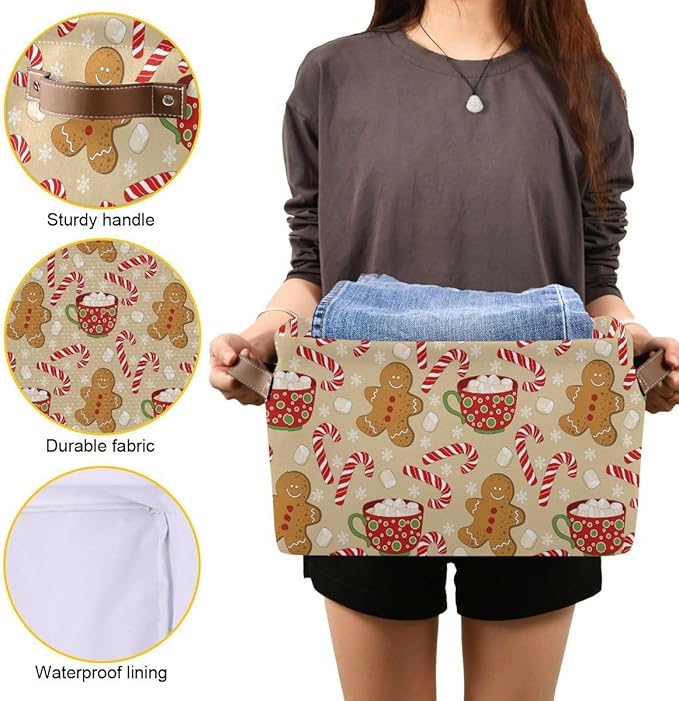 Christmas Gingerbread Man Storage Basket Fabric Kitchen Baskets Xmas Candy Cane Winter Snowflake Open Home Storage Bins Boxes Foldable Organizer Bag for Gift Book Shelf Closet Baskets 16×12×8 Inches