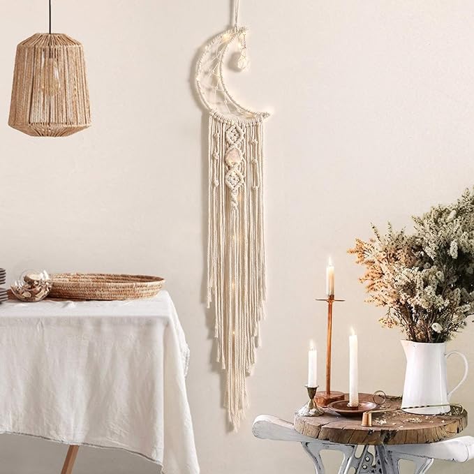 Dremisland Macrame Woven Wall Hanging Moon Dream Catcher with Natural Crystal Stone- Boho Chic Bohemian Home Decor Wall Art Decor with String Lights - Beautiful Apartment Dorm Room Door Decoration