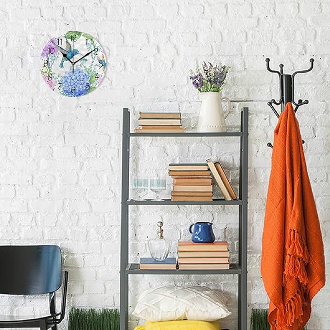 ALAZA Wall Clock Watercolor Blue Hummingbird Silent Non-Ticking Decorative Flowers Wall Clocks Battery Operated for Living Room Kitchen Bathroom Bedroom