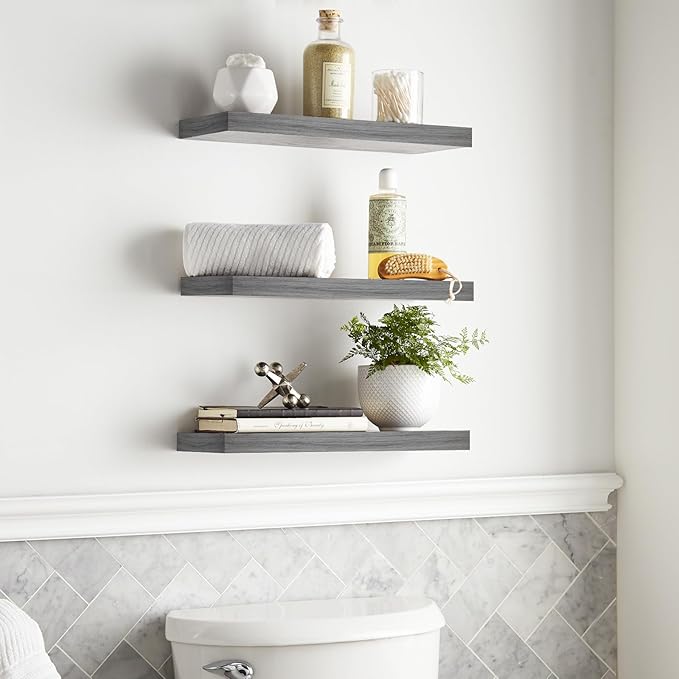 BAYKA Floating Shelves, Wall Mounted Rustic Wood Shelves for Bathroom, Bedroom, Living Room, Kitchen,Small Hanging Shelf for Books/Storage/Room Decor with 22lbs Capacity (Grey, Set of 3, 15.7in)