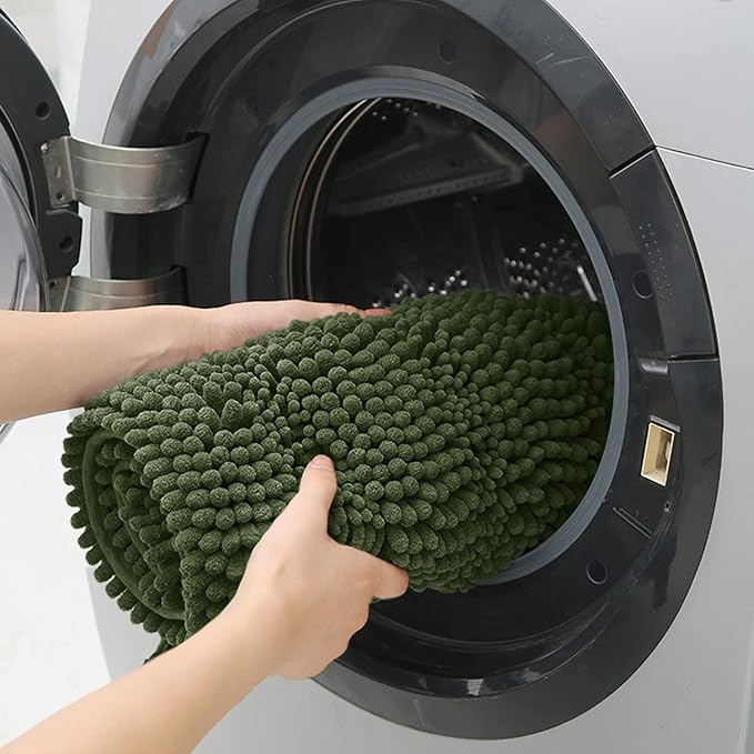 ACCUMTEK Striped Oliver Green Bathroom Rug Set 3 Pieces Ultra Soft, Non Slip Chenille Toilet Mat, Absorbent Plush Shaggy Bath Mats for Bathroom, Bedroom, Kitchen