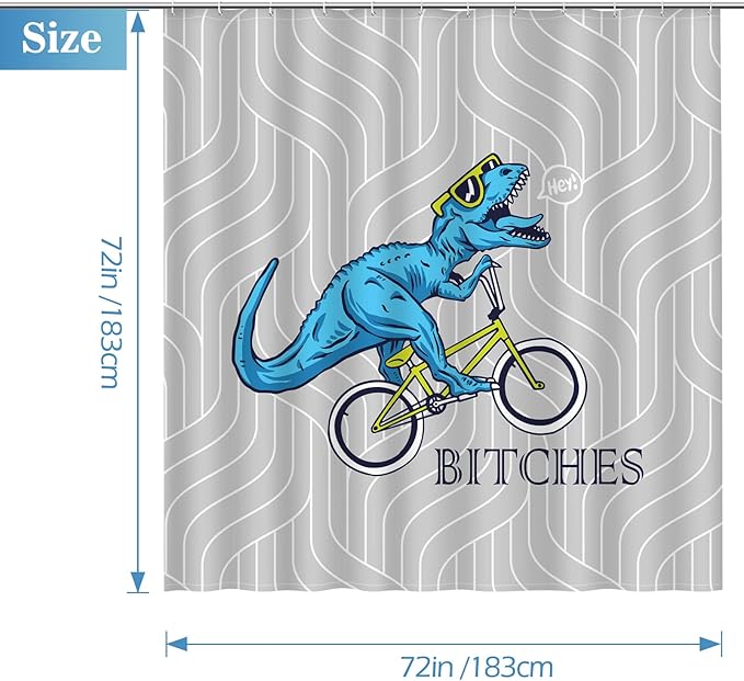 Aimego Funny Shower Curtain Blue Dinosaur Ride A Bike Pattern Cute Dino Pattern Shower Curtain Set with 12 Hooks for Bathroom Decor Accessories Bathtub Curtain, 72"x72"