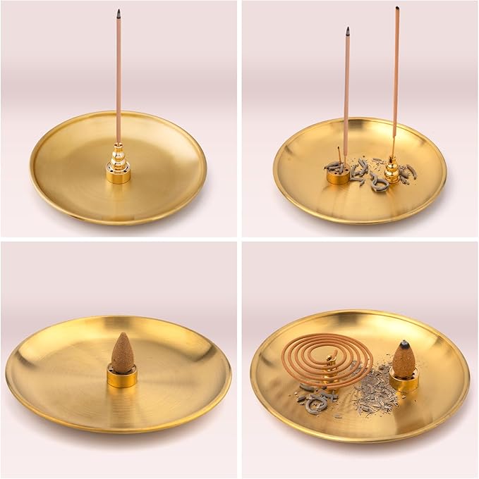 OIIKI 3 in 1 Stick Incense Burner, 5.5 Inch Brass Incense Holder, Alloy Cone Ash Catcher for Indoor Outdoor Use