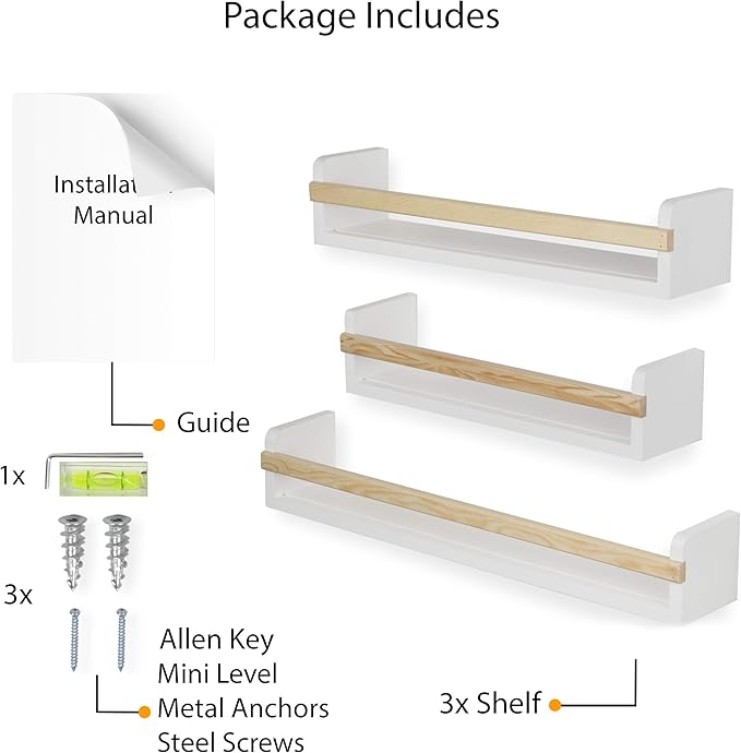Wallniture Utah Wall Mount Nursery Décor Kids Bookshelf Floating Wall Shelves Book Photo Display Long Varying Sizes Set of 3, White