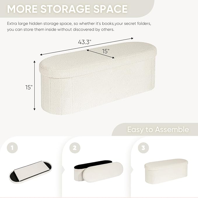 B FSOBEIIALEO Ottoman with Storage for Living Room, Sherpa Folding Storage Ottoman Foot Rest, 43.3 Inches Collapsible Bedroom Bench Cream White