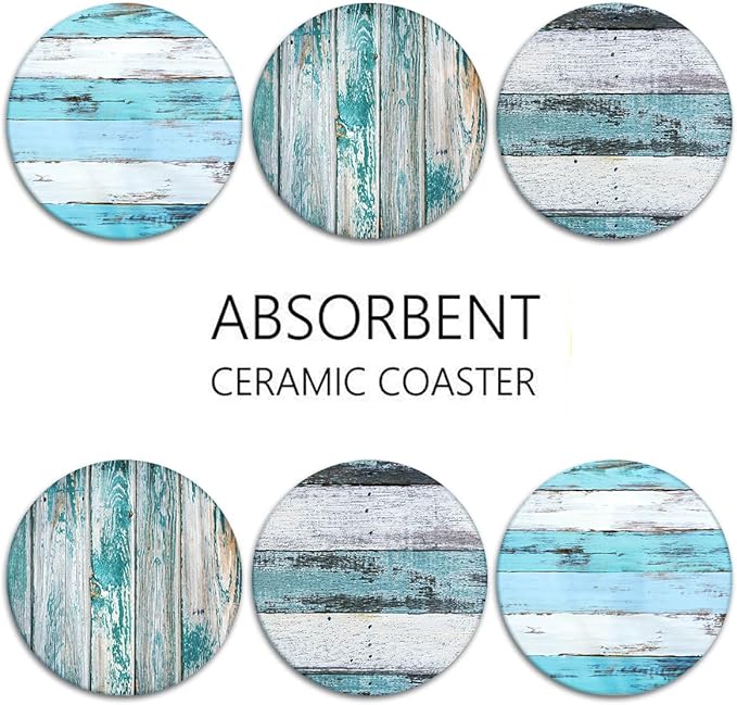 Britimes Coaster for Drinks Set of 6, Wooden Board Brown Blue Table Absorbent Round Ceramic Stone Mat, with Cork Base and Metal Holder, Gift for Housewarming Room Bar Decor