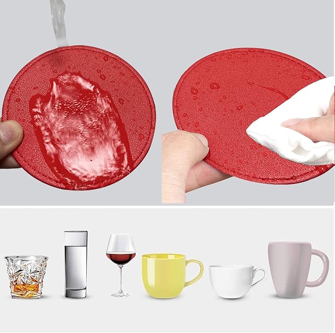 Coasters Set of 6 Soft Leather Drink Coaster Round Coaster with Sewing Around, Suitable for Various Cups, Wooden Tables,Home Decoration,4 Inches(Bright Red)