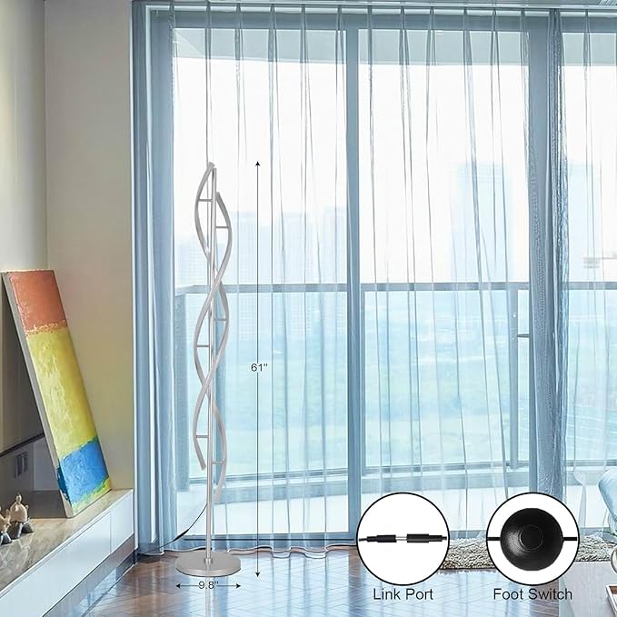 61" LED Floor Lamp for Living Room, 40W 3 Colors Stepless Dimmable and Color-Changing Bright Floor Standing Lamp,Unique Spiral Floor Tall Lamp for Bedroom Office with Remote (Silver)