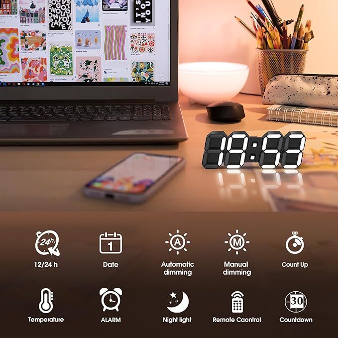 EDUP HOME 4.9" 3D LED Digital Clock with Nightlight, Remote Control, Snooze Alarm, Adjustable Brightness, USB Powered, 12/24 Hour/Temperature/Time/Date Display, Modern Desktop Wall Clock