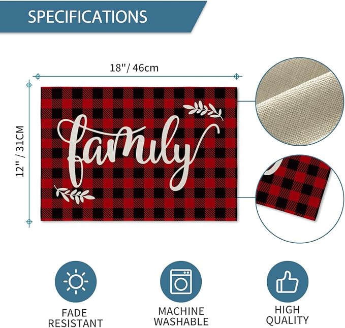 Artoid Mode Placemats for Dining Table Red Buffalo Plaid Love Home Family Together, 12 x 18 Inch Winter Holiday Washable Table Mat Set of 4