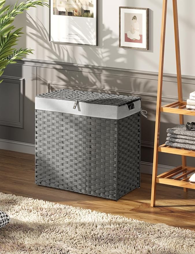 Greenstell Laundry Hamper with lid, No Install Needed, 110L Wicker Laundry Baskets Foldable 2 Removable Liner Bags, 2 Section Clothes Hamper Handwoven Rattan Laundry Basket with Handles, Gray