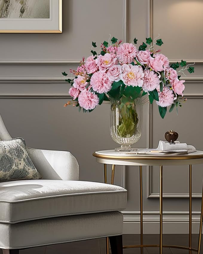 Premium Pink Silk Flower Bouquets, Artificial Chrysanthemums, Fake Flowers Roses Peonies Decoration, Pink Faux Floral Arrangements for Wedding Home Decor Table Centerpieces