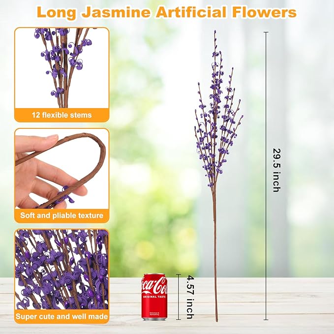 10 Pcs 29.5" Long Jasmine Artificial Flowers Fake Flowers Dry Branches for Home Office DIY Floral Art Plant Wedding Table Centerpieces Party Vase Decoration (Deep Purple)