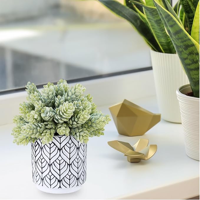 Winlyn Set of 3 Artificial Potted Succulent Plants Faux Snake Plant Hops String of Pearls in Black White Geometric Planter Small Fake Desk Plants for Kitchen Bathroom Shelf Desk Table Windowsill Decor