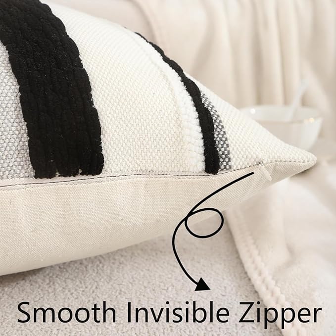 Tosleo Boho Throw Pillow Covers 18x18 Set of 2 Striped Decorative Pillow Cases Accent Chenille Pillowcases Farmhouse Cushion Case Bohemian Nuetral Textured Pillow Cover,Black and White