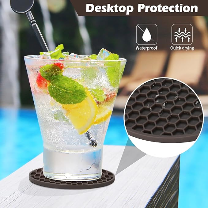Coasters Set of 6 with Holder,Coasters for Drinks,Coffee Table Decor Coaster,Suitable for Kinds Cups,Anti-Slip,Non-Stick,Silicone Cup Coaster and Living Room Decor (6 Pcs, Coffee)