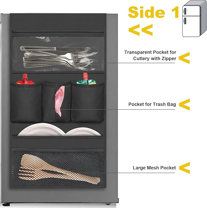 homyfort Mini Fridge Organizer, Over The Fridge Storage Organizer with 14 Pockets, College Dorm Storage for Office, Kitchen, Home, School, Black