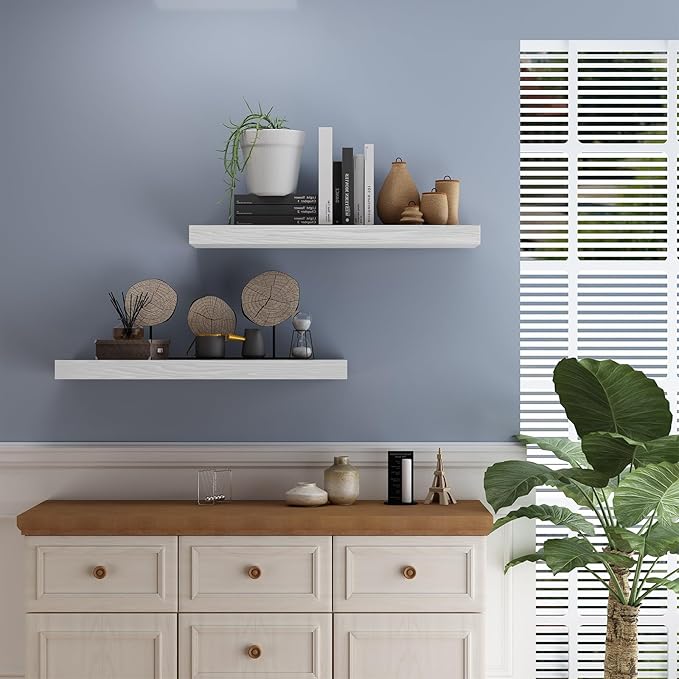 Floating Shelves for Wall- 17 Inch Natural Wood Whtie Shelves for Bathroom, Bedroom, Kitchen Decor, Farmhouse Decor Set of 2
