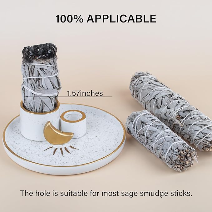 ZenBless Multifunction Incense and Candle Holder for Burning Sage, Palo Santo, Incense Sticks - 5.9" Ceramic Ash Catcher Tray for Meditation Room Home Decor (Gold)