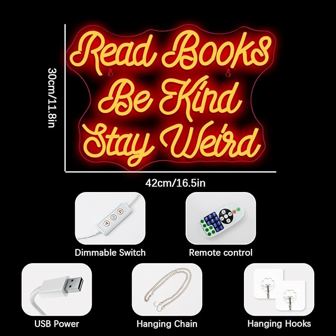 NEONLOVE Read Books Be Kind Stay Weird Neon Sign Red Neon Signs for Wall Decor Light Up Sign Dimmable Neon Sign for Bedroom Library Bookstore Party Neon Light Sign for Teen Classroom Neon Light Sign