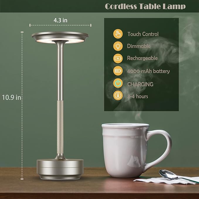 Cordless Table Lamp, Portable Rechargeable LED Battery Powered Touch Metal Table Light, 3 Color Stepless Dimming Modern Table Lamp, for Bedroom/Home/Restaurant/Outdoor.(Silver)
