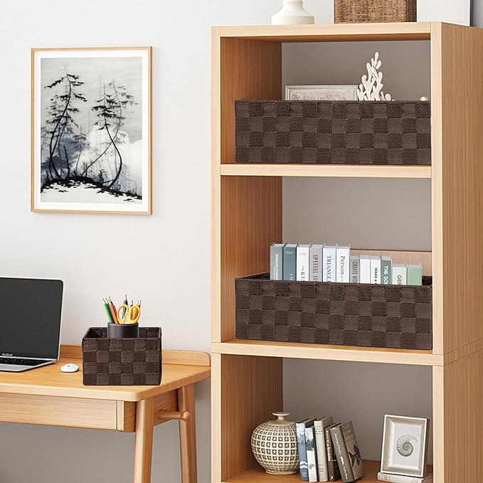 Drawer Organizer, Cube Baskets for Storage Shelves, Handmade Small Woven Basket, Shallow Storage Bins for Organizing Desk, Dresser, Kitchen, Pantry, Nested 7 Pack, Brown
