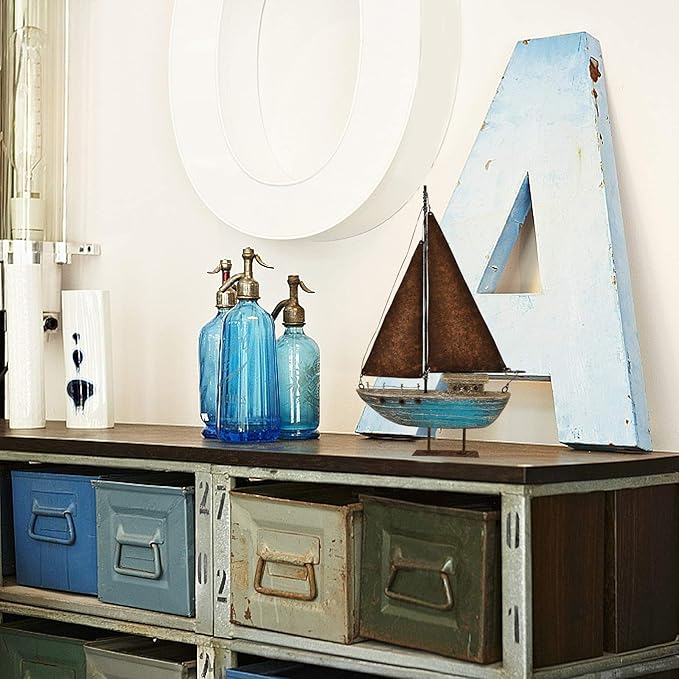 Rustic Wood Sailboat Decor Tabletop Nautical Decor, Wooden Sailboat Nautical Decoration Beach Themed Decoration Coastal Decor Sailboat Decoration for Home Mediterranean Decor (Blue)