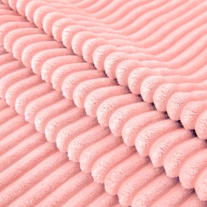 Vessia Flannel Fleece Pink Throw Blanket(50X70 Inch), 300GSM Warm and Soft Comfy Striped Bed Throw, Cozy Microfiber Ribbed Sofa Blanket for All Season